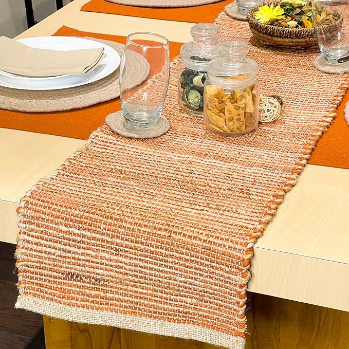 Chardin home Natural Jute Table Runner 13x72 Inch – Vintage Boho Rustic Table Decor – Handwoven Table Runner in Natural Jute and Rust Orange – Farmhouse Dining or Console Table Accent