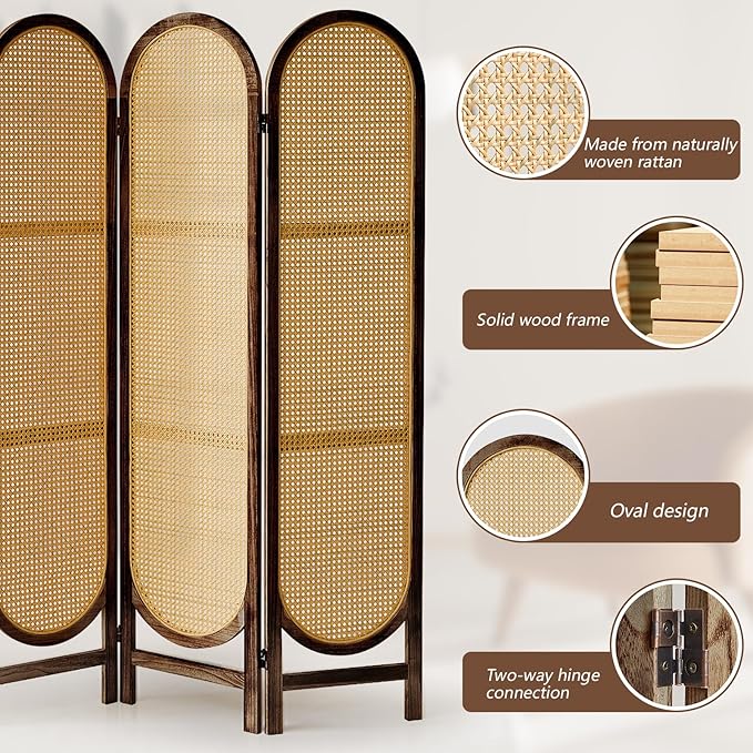ALeesinwing 4 Panels Room Dividers, Hand-Woven Rattan Room Divider Panel and Folding Privacy Screens, Wood Room Divider Wall Freestanding Room Partitions Screen for Home Office Bedroom, Dark Brown