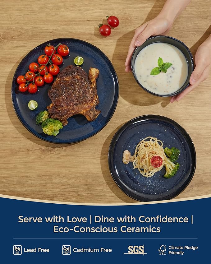 Pokini 18 Piece Stoneware Dish Set for 6, Reactive Glaze Ceramic Plates and Bowls Set | Coastal‑Inspired Irregular Design for Casual Entertaining & Intimate Dinners | Dishwasher & Microwave Safe