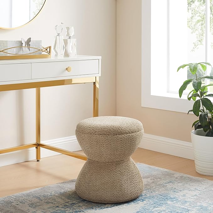 VANOMi Multi-Functional Boucle Ottoman, Set of 2, Vanity Stool Chair, Sturdy Rotating Wooden Footstool, Suitable for Living Room, Bedroom, and Entryway, Without Installation, Swivel, Camel