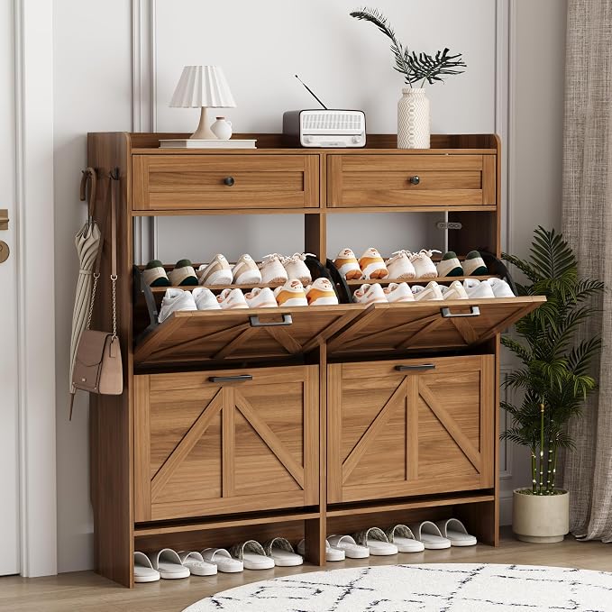 Shoe Cabinet with 4 Flip Drawers & 2 Top Drawers, 43" Tall Freestanding Narrow Wooden Shoe Storage Organizer for Entryway, Hidden Slim Shoe Rack for Front Door Entrance, Hallway, Living Room, Walnut