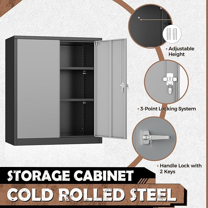 INTERGREAT Metal Garage Storage Cabinet, 36" Locking Counter Cabinet with 2 Locking Doors and 2 Adjustable Shelves, Small Steel Cabinet for for Home Office, Gym, School(Black Grey)
