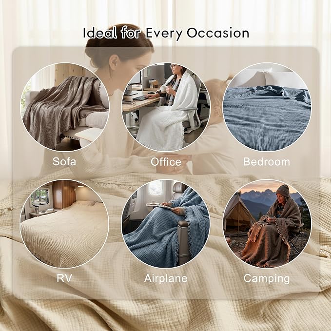 WDCOZY 100% Cotton Muslin Blanket King Size 4-Layer for Bed Breathable Lightweight Soft Large Boho Farmhouse Linen Tassels Ruffle Gauze Blankets 108x90 Inches Brown Mocha Chocolate Coffee Taupe