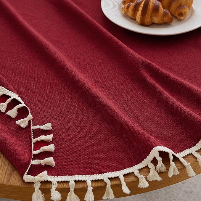 Linen Tablecloth with Tassels, Farmhouse Style Burgundy Tablecloth, Water Resistant Burlap Tablecloths for Round Table, 52 Inch Round Burgundy
