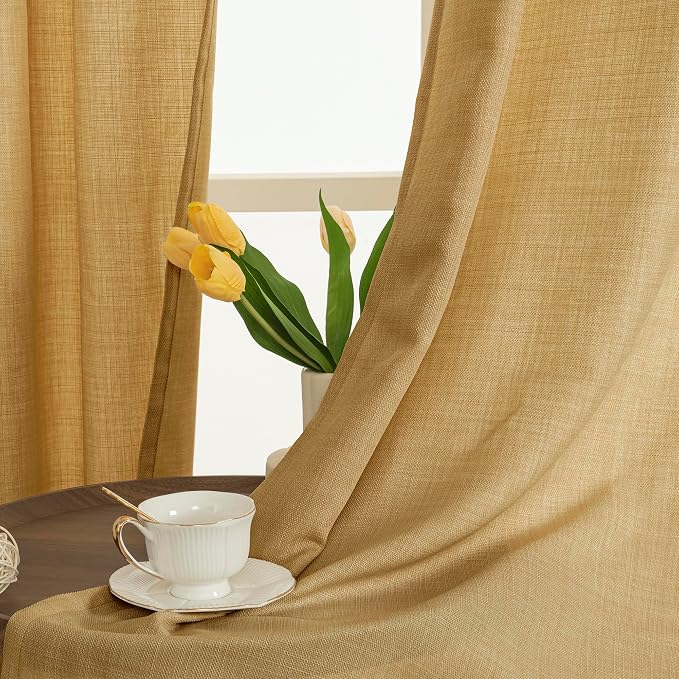 LAMIT 72 inch Linen Curtains for Bedroom, Grommet Thick Linen Textured Privacy Drapes Light Filtering Window Treatments Curtains for Living Room, Set of 2 Panels (52 x 72 Inch, Caramel Brown)