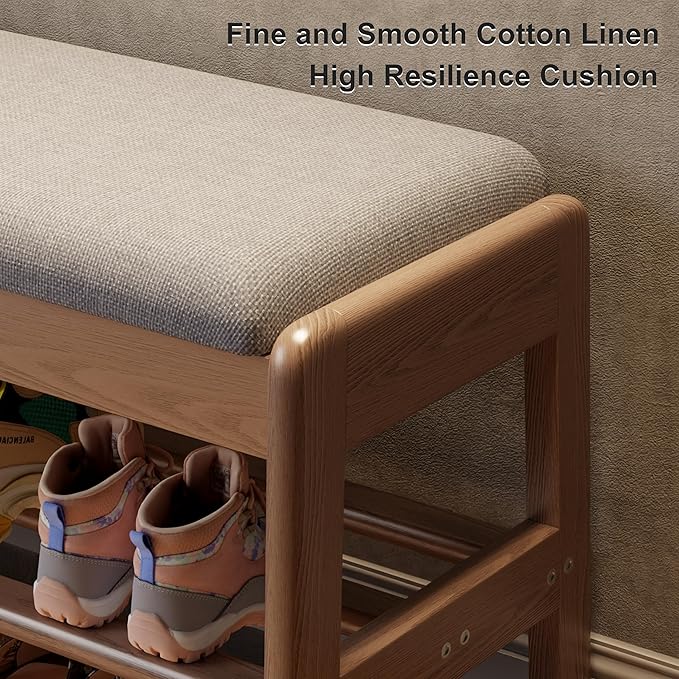 AQIMUELE Shoe Rack Bench,2 Tiers Shoe Bench with Storage with Flip-Top,Wood Shoe Rack for Entryway,Hallway（Walnut Upholstered Seat,11.8" D x 31.5" W x 15.7" H）