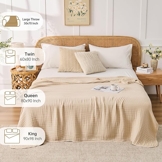 VANJOROY 9-Layer Muslin Throw Blanket Queen 90" x 108" Beige, 100% Cotton Organic Breathable Lightweight Large Throw for Couch Bed Quilt and Bedspread - All Season Muslin Soft Gauze Blanket