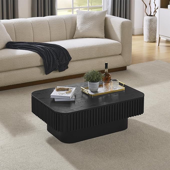 Lift Top Coffee Table for Living Room,Rectangle Handmade Solid Wood Strips, Fluted Coffee Table with Hidden Storage Compartment for Small Space Office Apartment (38.6"L×26.8''W×13.8''H-Black)