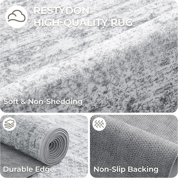 Kitchen Runner Rugs Non Skid Washable - 2.5 x 10 Runner Rug with Anti Slip Backing, Ultra-Thin Soft Rug Runner for Hallway, Bedroom, Living Room (2.5'x10', Grey/Ivory)