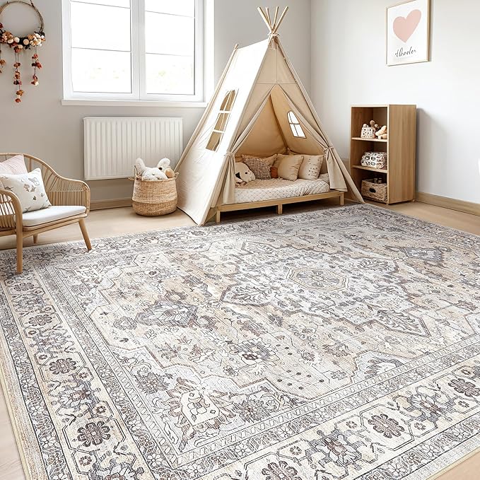 10x12 Area Rug Living Room: Washable Boho Large Neutral Vintage Soft Rugs Stain Resistant Farmhouse Non Slip Indoor Floor Carpet for Bedroom Nursery Kids Playroom Office Dining Room- Ivory Gray