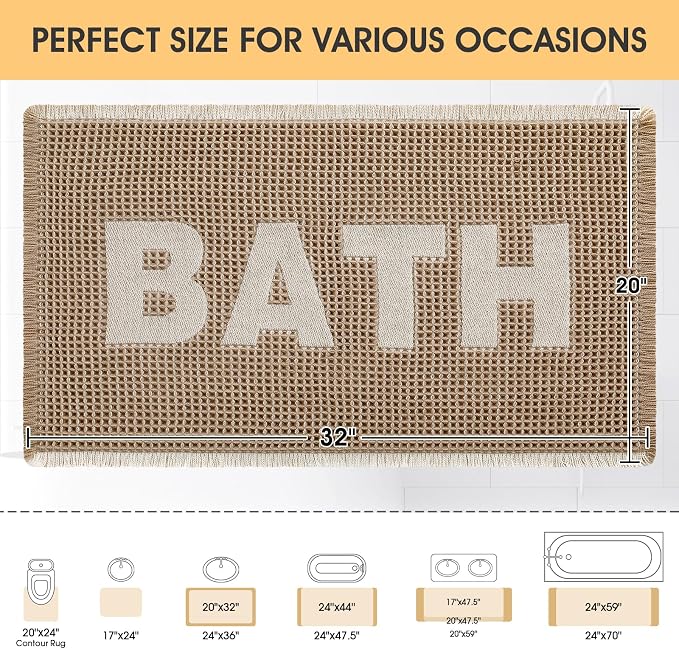 Waffle Bath Mat, Boho Woven Modern Bath Rug Absorbent Non Slip, Ultra Soft Bathroom Mats, Machine Washable Knit Bath Rugs with Bath Letter for Bathroom, Bedroom, Kitchen, Tub, 36"x24", Beige & White