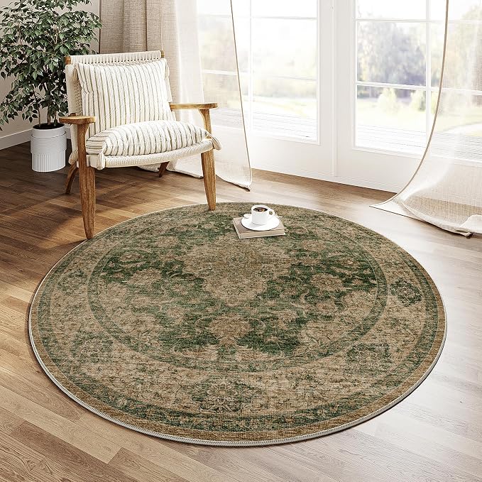 HUGEAR Round Rug 4ft Entryway Rugs Machine Washable Retro Green Hallway Area Rug 4x4 Small Circle Accent Rug Floral Low Pile Carpet Soft Throw Rug Living Room Office Laundry Room Entrance Non Slip