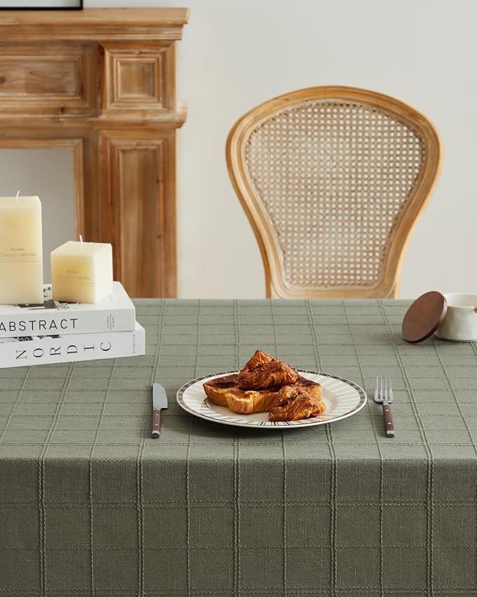 ZeeMart Linen Checked Table Cloth 52x70 Inches (Fit 3ft-4ft, Narrow Fit for 5ft Rectangle Table), Farmhouse Style Plaid Embroidered Water Resistant Table Cover, Olive