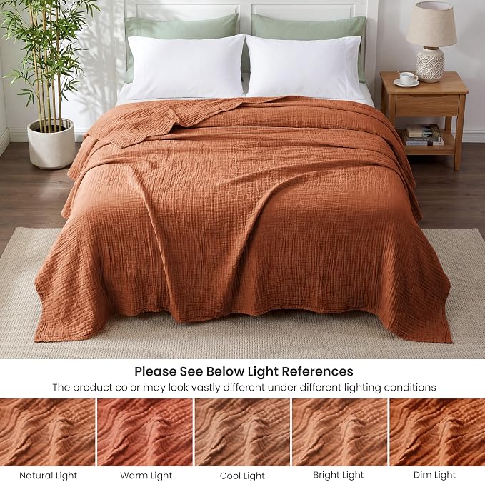Love's cabin Cooling Muslin Blanket Queen Size, 50% Rayon Derived from Bamboo, 50% Cotton, 4-Layer Lightweight Breathable Summer Gauze Blanket for Bed, Hot Sleepers and Kids, 90"x90", Terracotta