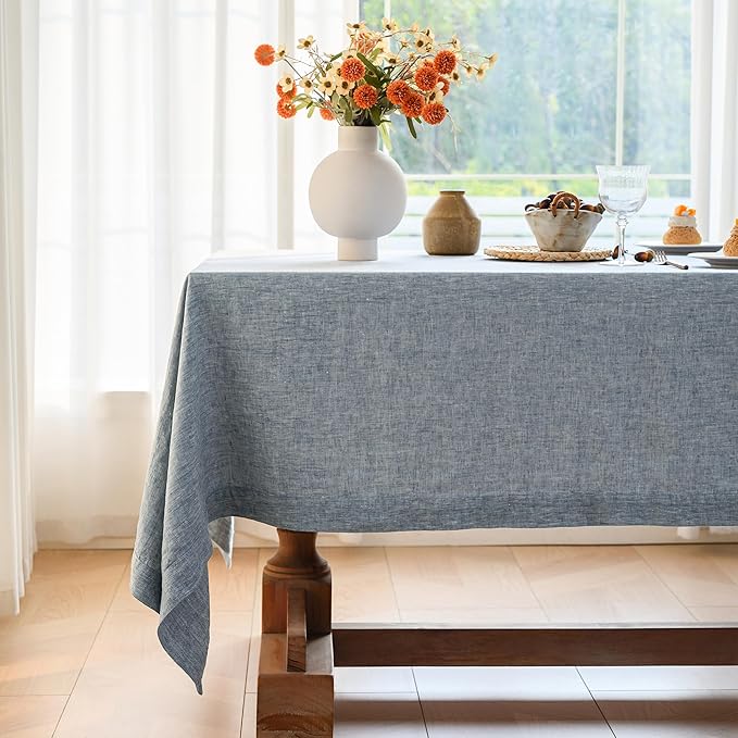Linen World Yarn-Dyed Linen Tablecloth 60x90inch, Denim Look Table Cover, 100% French Linen Chambray Blue, Soft & Breathable Natural Flax, Washed Table Cloth for Dining & Everyday Use