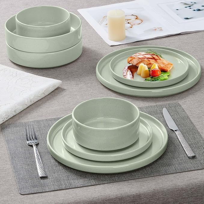 Herogo 16 Piece Plates and Bowls Set, Porcelain Dinnerware Sets with Pasta Bowls, Kitchen Dinner Ware Dishes Service for 4, Chip & Scratch Resistant Dishware, Speckled Light Green