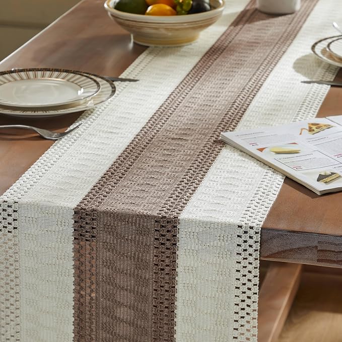 ZeeMart Macrame Style Bicolor Stitching Table Runner, 14 x 60 Inch Cocoa Brown/Ivory, Boho Brown Table Runners 60 Inches Long, Farmhouse Woven Home Decor
