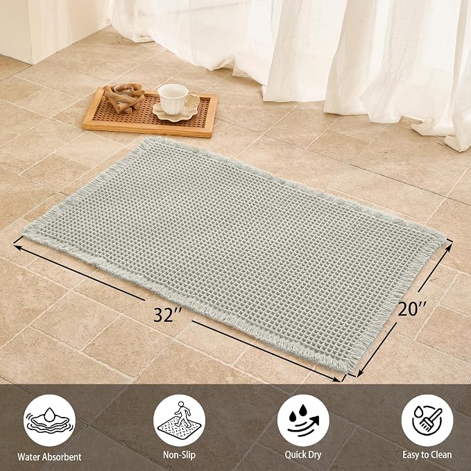 Waffle Bath Mat Non Slip, Boho Bathroom Rug, Super Absorbent Quick Dry Bathroom Mat, Soft Farmhouse Bath Rug with Tassels, Small Washable Shower Mats for Floor 20"x32", Light Grey