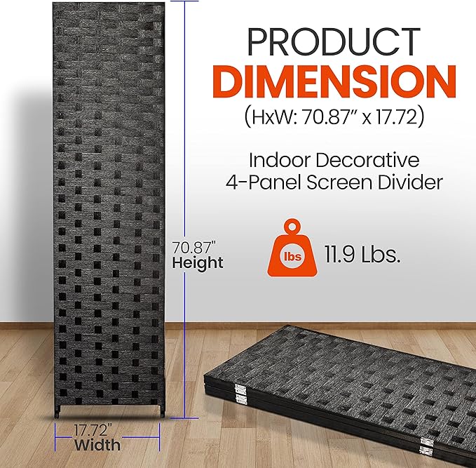 SereneLife 4-Panel Folding Room Divider, Woven Fiber Privacy Screen, Portable Partition for Room Separation, Lightweight Decorative Screen for Living Room, Office, Porch, and Dressing Area, 71” x 18”