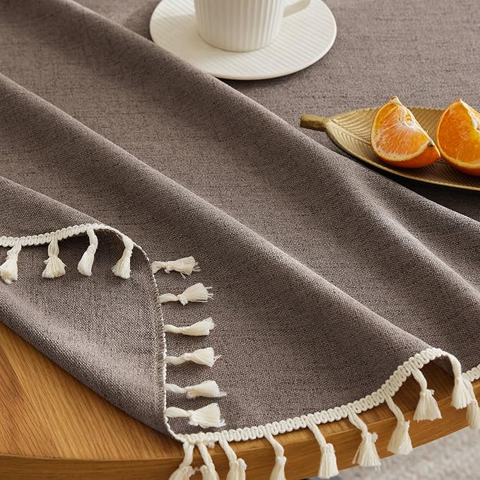 Linen Tablecloth with Tassels, Farmhouse Style Brown Tablecloth, Water Resistant Burlap Tablecloths for Round Table, 52Inch Round Cocoa Brown