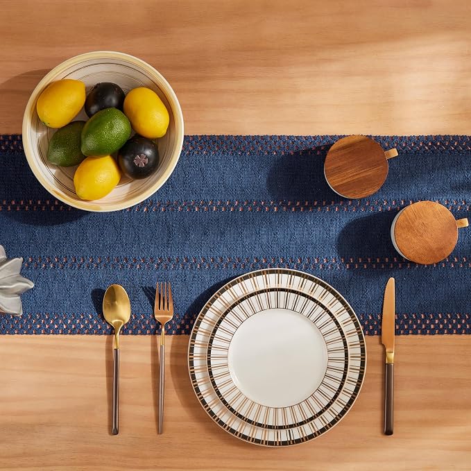 ZeeMart Macrame Style Boho Table Runner, Navy Table Runners 60 Inches Long, Farmhouse Woven Home Decor, 12x60 Inch, Navy Blue