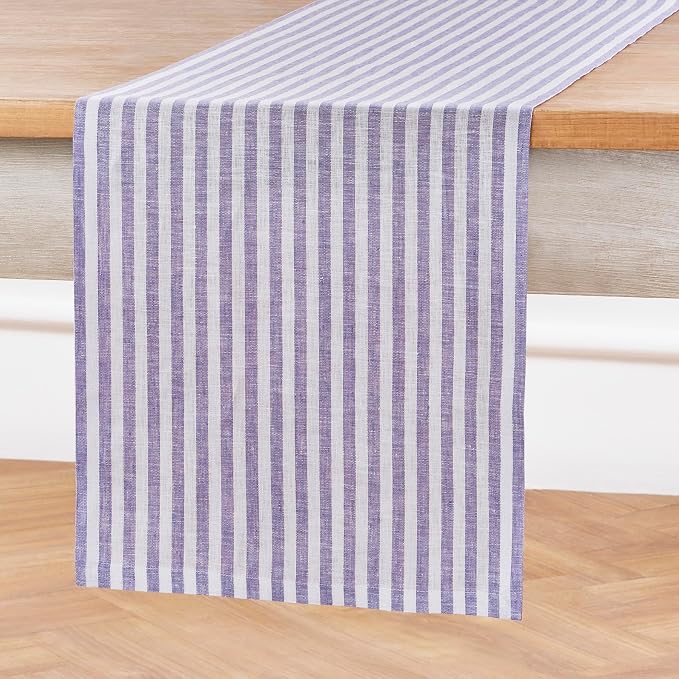 Solino Home Striped Linen Table Runner 36 Inches - Amalfi Stripe, 100% Pure Linen Violet and White Small Table Runner 14 x 36 Inch Ideal for Dresser and Coffee Tables - Summer
