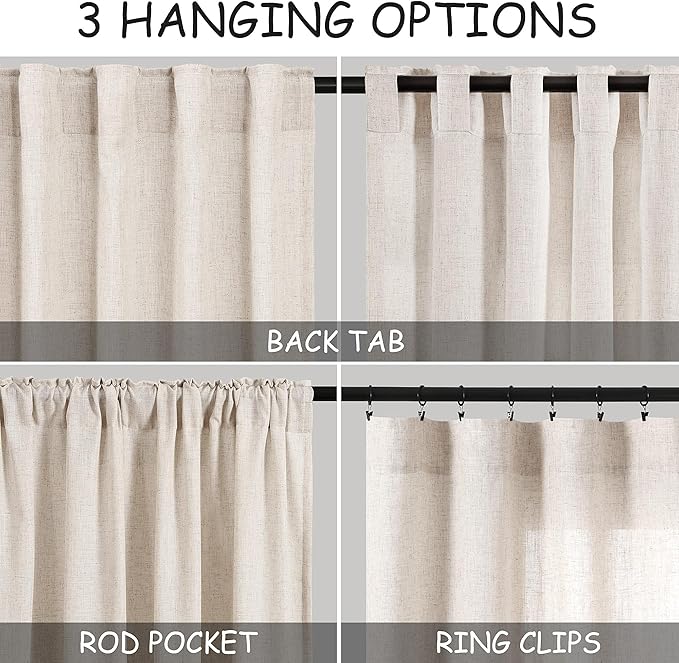 Beige Linen Light Filtering Curtains 96 Inches Long 2 Panels Long Semi Sheer Linen Blended Window Curtains Back Tab Rod Pocket Natural Linen Rustic Farmhouse Drapes for Living Room Bedroom 60x96