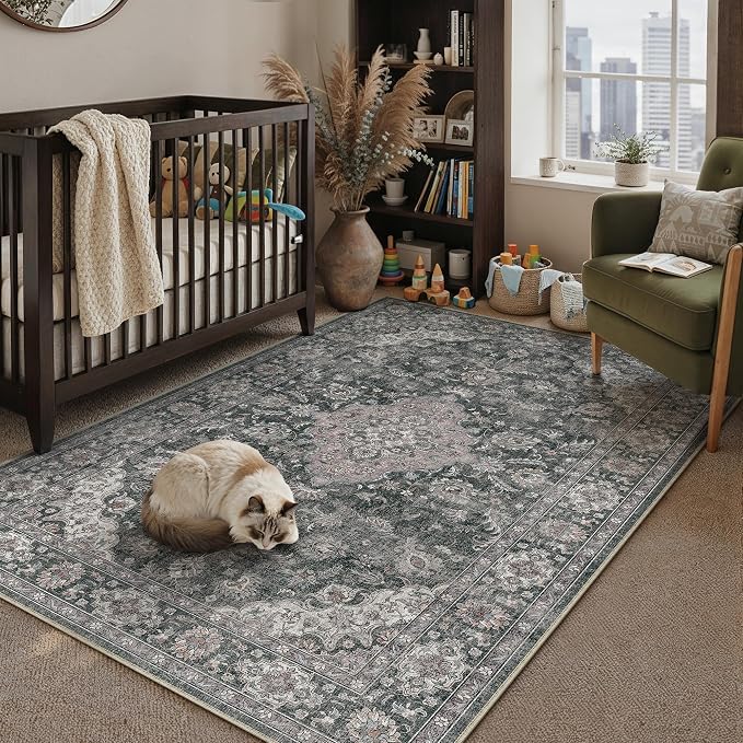 HUGEAR Retro Black Area Rug 5x7 Machine Washable Living Room Rugs Distressed Vintage Floral Low Pile Carpet Bedroom Office Dining Room Laundry Room Non Slip Soft Lightweight