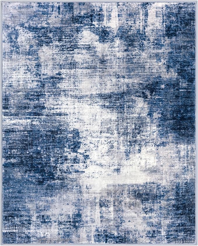 IOHOUZE Abstract Area Rug 4x5 Ft Washable Rugs for Entryway Indoor, Non Slip Small Living Room Rugs Printed Faux Wool Throw Rug, Floor Carpet for Kitchen Nursery Playroom, Navy/Grey