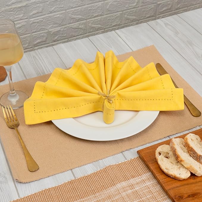 Blue Needles Set of 12 Hemstitch Linen Napkins 100% Cotton Lemon Yellow Cloth Dinner Napkins 18x18 inches - Spring Summer Easter - Soft, Reusable, Absorbent, Washable, Ideal for Parties & Everyday Use