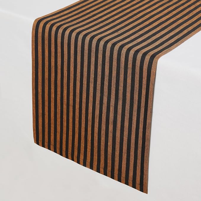 Solino Home Table Runner 90 Inches Long - Amalfi Stripe, 100% Pure Linen Pumpkin and Black Table Runner 14 x 90 Inch for Dining