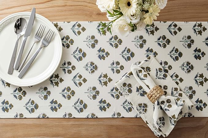 100% Cotton Block Print Floral Table Runners, 13x36 Inch Brown Farmhouse Table Runners 36 Inches Long Boho Flowers Home Decors