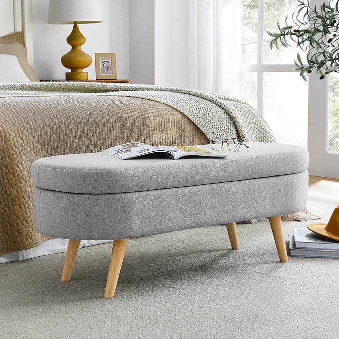 Upholstered Storage Ottoman, Entryway Bench with Rubber Wood Legs for Living Room,Bedroom, Grey