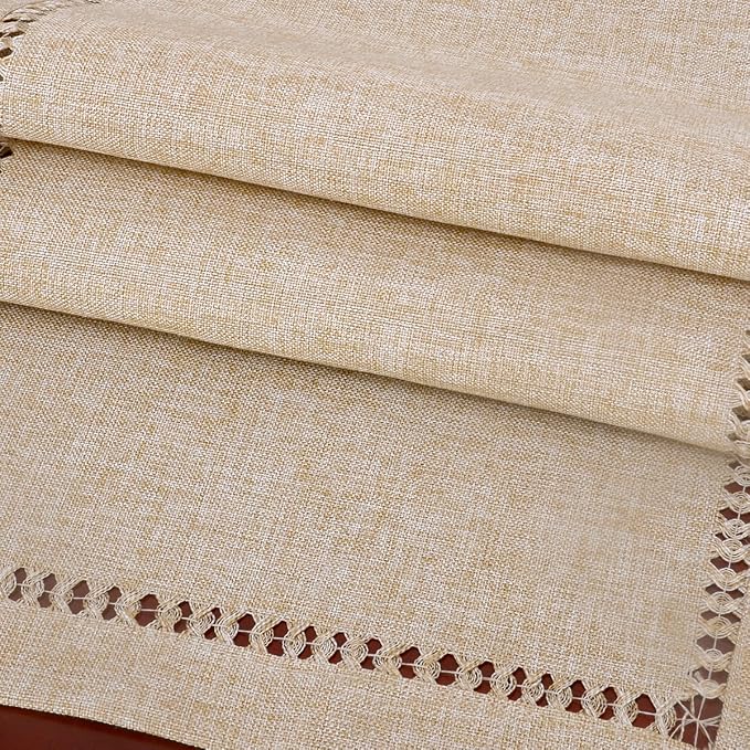 Grelucgo Large Handmade Hemstitch Beige Table Runner, Rectangular 14 by 132 Inch