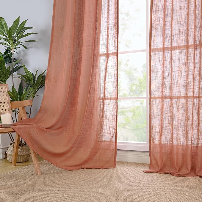 LAMIT Terracotta Linen Curtains 63 Inch for Bedroom, Light Filtering Neutral Semi Sheer Window Boho Curtains Back Tab and Rod Pocket Panels for Living Room, 2 Panels, 52 x 63 Inch