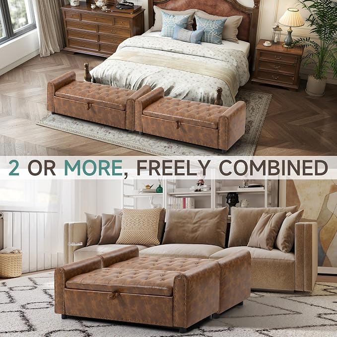 Ottoman with Storage, Tufted Storage Bench for Bedroom, 48" PU Leather End of Bed Bench, Upholstered Entryway Shoe Benches with Rolled Arm & Inner Zipper, Window Ottomans Chest with Rivets, Brown