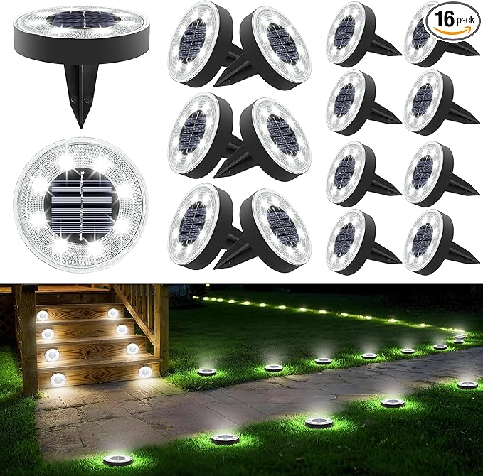 Joomer 16 Pack Solar Ground Lights, 2-in-1 Solar Lights Outdoor Waterproof Solar Powered Disc Light Landscape Garden Lighting Light for Patio Pathway Lawn Yard Driveway Walkway Deck Step(White)