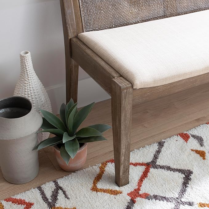 Kasi Brown Low Back Cane Bench with Beige Upholstered Seat by Powell
