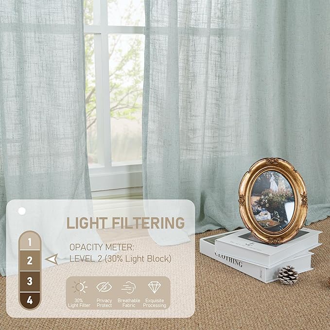 LAMIT Greyish Blue Linen Boho Curtains 80 inch Length 2 Panels, Light Filtering Semi Sheer Panels Back Tab and Rod Pocket Neutral Drapes for Bedroom/Living Room, 34 x 80 Inch