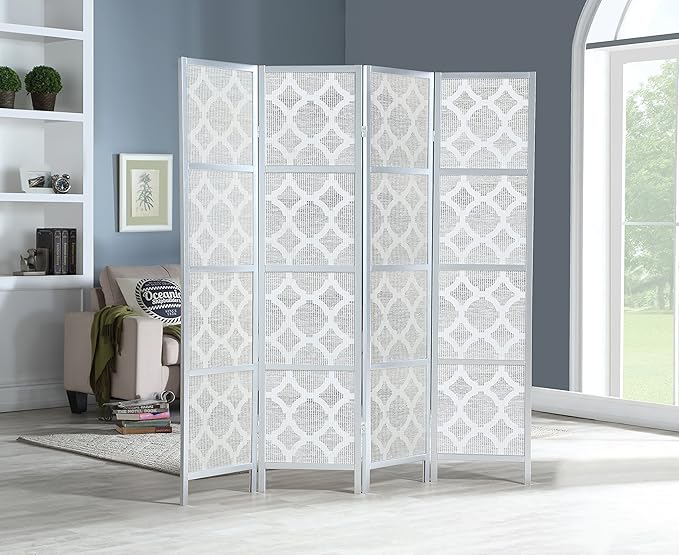 Roundhill Furniture Quarterfoil Infused Diamond Design 4-Panel Room Divider, Silver