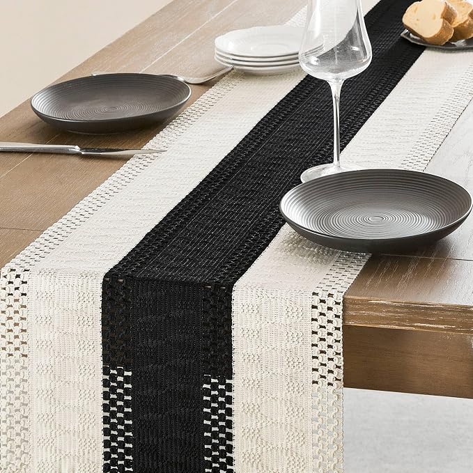 ZeeMart Macrame Style Bicolor Stitching Table Runner, 14 x 48 Inch Black/Ivory, Boho Black Table Runners 48 Inches Long, Farmhouse Woven Home Decor