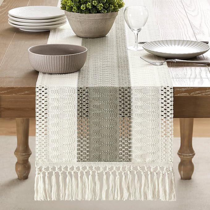ZeeMart Macrame Style Bicolor Stitching Table Runner, 14 x 90 Inch Dark Sage/Ivory, Boho Grey Sage Table Runners 90 Inches Long, Farmhouse Woven Home Decor