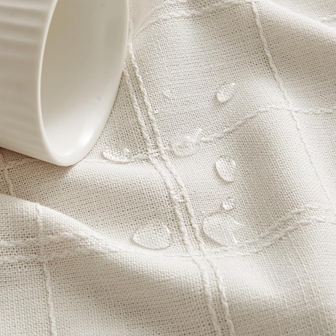 ZeeMart Linen Checked Table Cloth 60 Inches Round, Farmhouse Style Plaid Embroidered Off White Water Resistant Table Cover, Ivory