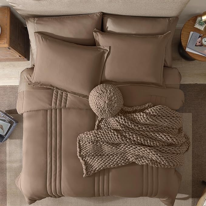 Monbix King Size Comforter Set - 7 Pieces Bed in a Bag King, Raw Umber King Bedding Sets with Comforter, All Seasons Comforter Bed Set with Sheets, Pillowcases & Shams