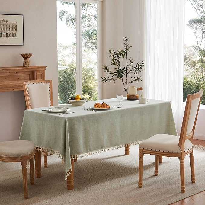Linen Tablecloth with Tassels, Farmhouse Style Green Tablecloth, Water Resistant Burlap Tablecloths for Rectangle Table, 52x70 Inch Green