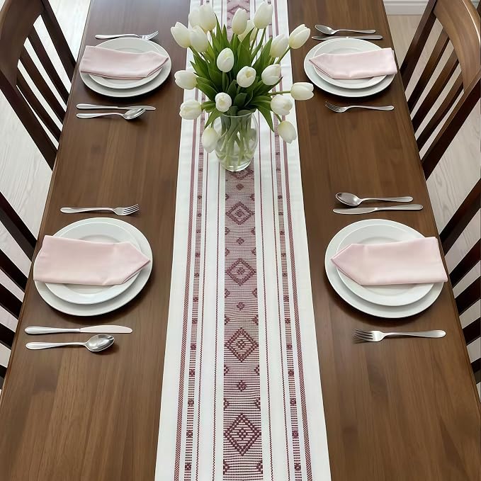 Red Table Runner 90 Inches Long Modern Geometric Runner for Home Kitchen Dining Table, Hand-Woven Cotton Table Runner with Tassels for Thanksgiving Christmas Holiday Decor