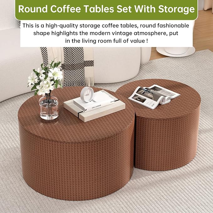Round Nesting Coffee Table Set of 2 Modern Round Walnut Coffee Table Small Circular End Table Side Table Coffee Tables Circle Nested Coffee Tables for Living Room (Brown A Large)