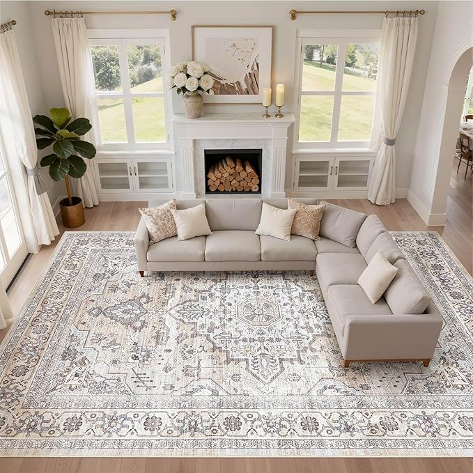 10x12 Area Rug Living Room: Washable Boho Large Neutral Vintage Soft Rugs Stain Resistant Farmhouse Non Slip Indoor Floor Carpet for Bedroom Nursery Kids Playroom Office Dining Room- Ivory Gray