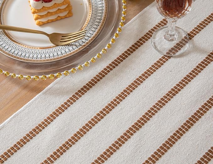Caflife Boho Table Runner 108 Inchs Long Brown and Beige, Cotton and Linen Woven with Tassels, for Modern Rustic Farmhouse Neutral Table Runners, Bohemian Kitchen Dining Table Home Decor