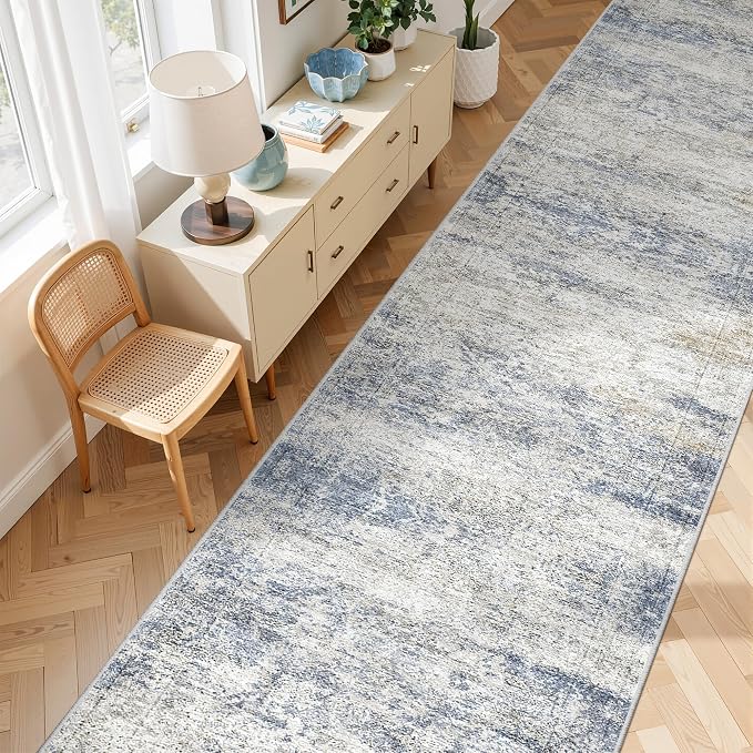3x16 Washable Runner Rug for Hallway, Non-Slip Long Hallway Runner for Entryway, Soft Vintage Kitchen Mats for Floor, Abstract Dining Room, Bedroom, Living Room Rugs(3'x16',Blue/Brown/Ivory)